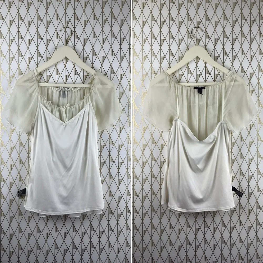 Flutter Sleeve Sheer Chic Cream Blouse Top - Picture 6 of 16